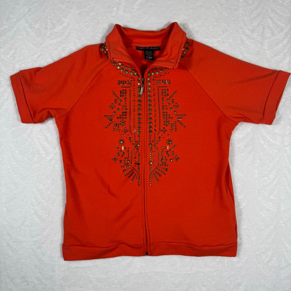 Mirror Or Image Womens S Orange Short Sleeve Full Zip Jacket Stud Embellishments